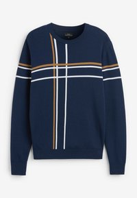 Dunkelblauer Pullover mit Rundhalsausschnitt, der horizontale und vertikale Streifen in Weiß und Senfgelb aufweist. Hergestellt aus einem weichen Strickmaterial.