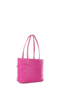 Borsa a spalla rosa con un motivo a diamante, realizzata in pelle liscia. Caratterizzata da due manici lunghi e un design spazioso.