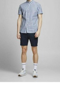 Kortärmad skjorta med knappar i blå och vita ränder, tillsammans med marinblå shorts. Outfiten avslutas med vita sneakers och ankelsockor.