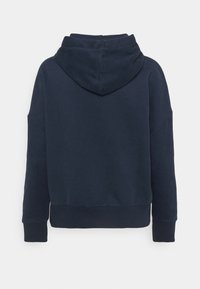 Felpa blu navy, in misto cotone, design crop, con cappuccio e polsini a coste. Texture liscia, senza motivi visibili o accessori.