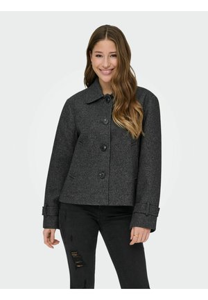 Manteau en mélange de laine gris avec un devant à boutons, un col pointu et des poches latérales. Il présente un tissu texturé et des poignets ajustables.