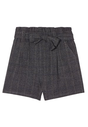 Pantalones cortos de cuadros oscuros hechos de tejido texturizado, con una cinturilla ancha y un detalle de lazo atado, además de bolsillos laterales.