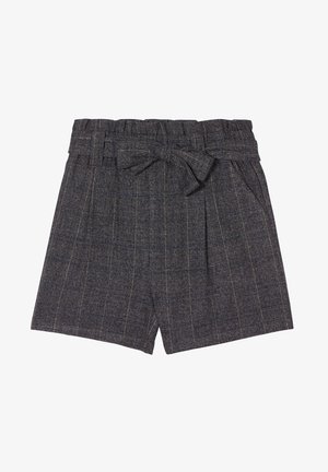 Mørke ternede shorts lavet af tekstureret stof, med en bred talje, der har en bundet sløjfedetalje og sidelommer.