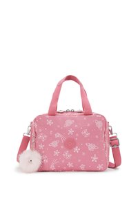 Borsa a mano rettangolare rosa con motivi di stelle e conchiglie bianchi, doppi manici, tracolla regolabile e accessorio portachiavi a pompon soffice.