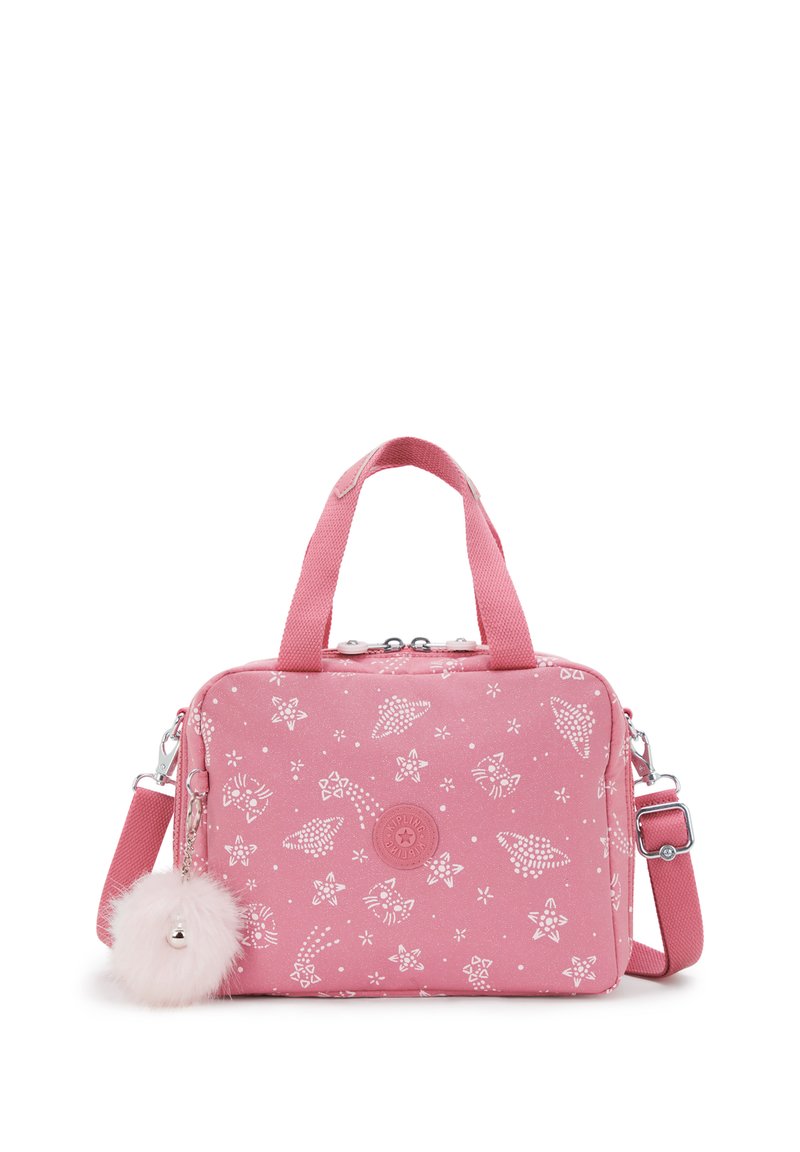 Borsa a mano rettangolare rosa con motivi di stelle e conchiglie bianchi, doppi manici, tracolla regolabile e accessorio portachiavi a pompon soffice.
