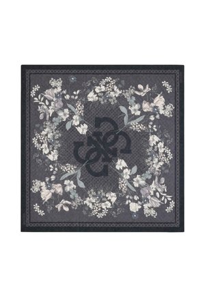 Sciarpa quadrata scura con un logo centrale circondato da un motivo circolare di fiori e foglie dettagliati bianchi e grigio chiaro.