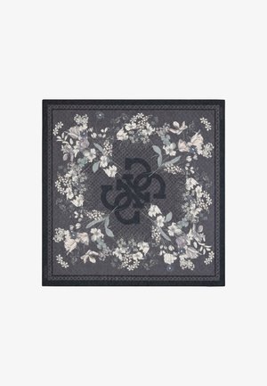 Sciarpa quadrata scura con un logo centrale circondato da un motivo circolare di fiori e foglie dettagliati bianchi e grigio chiaro.