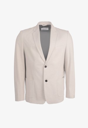 Beige herreblazer med enkeltspent knappestilling, hakkede slag, to fremre påsydde lommer, to mørke knapper og en brystlomme med klaff.