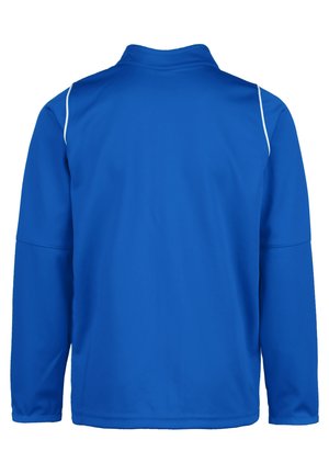 Blauwe lange mouwen jas met een hoge kraag, voorzien van witte accenten langs de schouders. Gemaakt van glad, lichtgewicht stof.