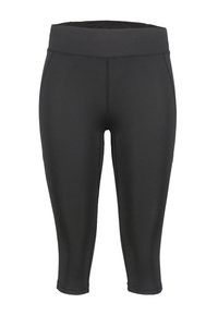 Schwarze, dehnbare Capri-Leggings mit breitem, elastischem Bund und flachen Nähten für zusätzlichen Komfort. Glatte Textur und keine auffälligen Muster oder Akzente.