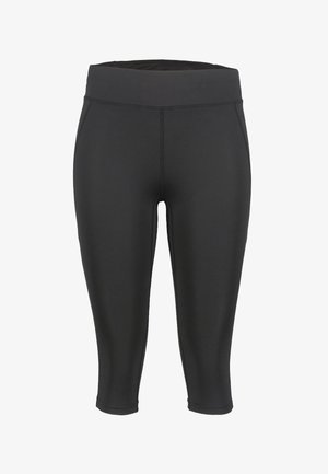 Mustat, joustavat capri leggingsit, joissa on leveä, elastinen vyötärö ja litteät saumat mukavuutta varten. Sujuva pinta ilman merkittäviä kuvioita tai yksityiskohtia.