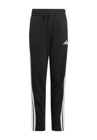 Čierne tepláky s nastaviteľným pásom, s bielymi bočnými pruhmi a logom Adidas na ľavom stehne. Materiál vyzerá mäkko a textúrovo.