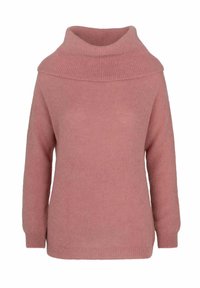 Maglione lavorato a maglia rosa chiaro con colletto a dolcevita ampio e ripiegato, maniche lunghe, polsini a coste e orlo a coste.