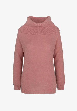 Weicher rosa gestrickter Pullover mit umgeschlagenem, breitem turtleneck Kragen und langen Ärmeln, gerippten Bündchen und Saum.