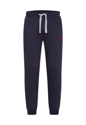 Marineblaue Jogginghose mit grauem Kordelzugbund, elastischen Bündchen und kleinem roten gesticktem Logo am rechten Oberschenkel.