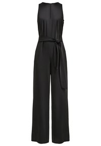 Svart ärmlös jumpsuit med vida ben, bälte i midjan, mjuk textur och dragkedja på baksidan.
