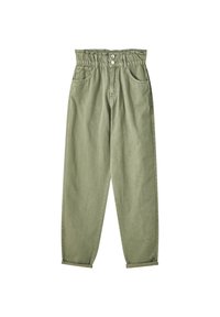 Pantalones de un suave verde oliva claro, de talle alto, hechos de algodón suave con un corte relajado, que presentan una cinturilla fruncida, dos bolsillos laterales y puños enrollados.