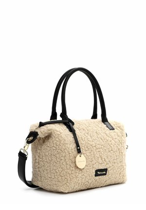 Cream textured fabric handbag with black leather straps, a detachable shoulder strap, and a gold-tone logo tag.