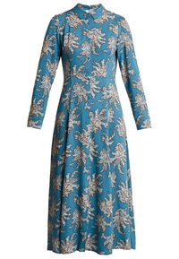 Langærmet, knap-ned teal kjole med brun og hvid blomster paisley mønster og krave.