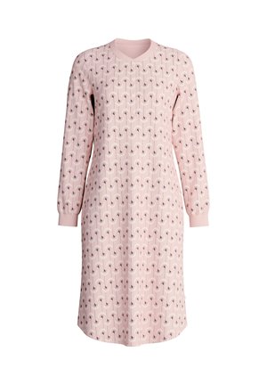 Roze jurk met lange mouwen en een V-hals, versierd met een herhalend patroon van zwart-witte lijnen in een delicaat ontwerp.