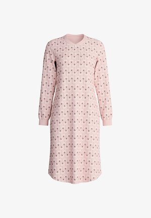 Rotes Kleid mit langen Ärmeln und V-Ausschnitt, verziert mit einem sich wiederholenden Muster aus schwarz-weißen Linien in einem zarten Design.