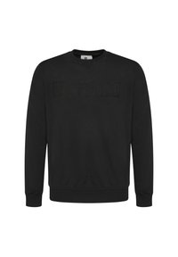 Sudadera negra de manga larga, con cuello redondo y un logotipo texturizado en el pecho. Tejido suave con puños y dobladillo acanalados.