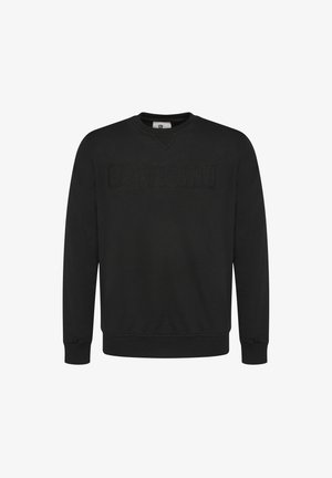 Sudadera negra de manga larga, con cuello redondo y un logotipo texturizado en el pecho. Tejido suave con puños y dobladillo acanalados.