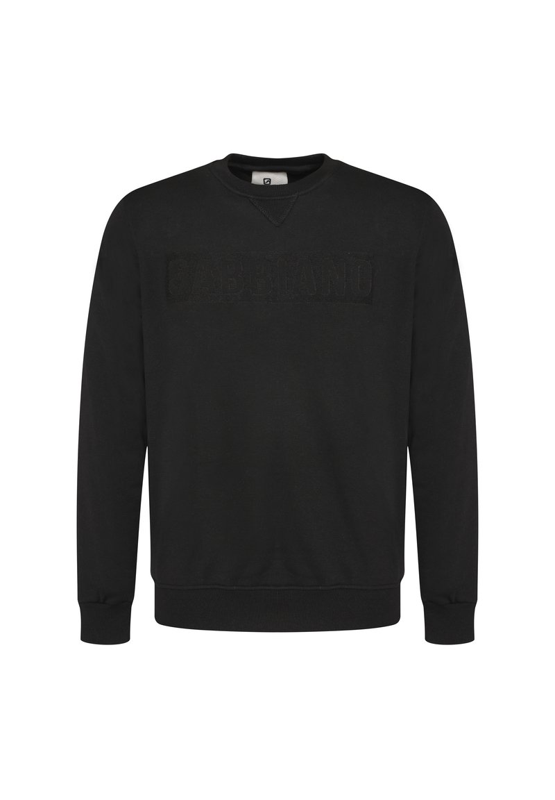 Sudadera negra de manga larga, con cuello redondo y un logotipo texturizado en el pecho. Tejido suave con puños y dobladillo acanalados.