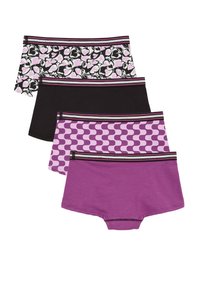 Fyra par damhipster i olika färger: svart med rosa hjärtan, helt svart, lila med geometriska mönster och helt lila.