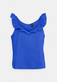 Débardeur bleu avec un col à volants, fabriqué en tissu léger. Il présente un décolleté en V et un design sans manches pour une coupe décontractée.