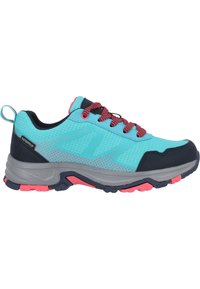 Vaaleansiniset vedenpitävät tennarit tummansinisillä yksityiskohdilla, punaiset nauhat ja teksturoitu verkko-yläosa. Varustettu vaimennetulla harmaalla pohjalla, jossa on vaaleanpunaisia yksityiskohtia.