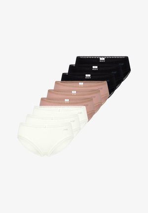 Ensemble de cinq culottes pour femmes en blanc, nude et noir. Tissu doux avec bordure en dentelle et taille élastique ornée d'un logo.