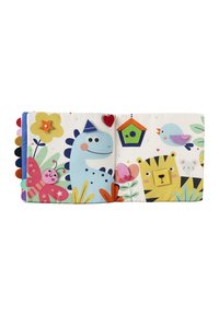 Colorful baby book featuring a blue dinosaur, a butterfly, a tiger, and various flowers, with textured felt accents and vibrant illustrations.