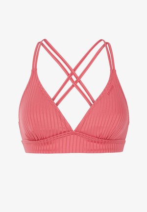 Ružičasta rebrasta trokutasta braletica, koja ima tanke ukrštene trake na leđima i suptilne teksturirane detalje duž rubova.