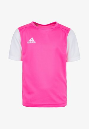 Camiseta deportiva de manga corta para niños con paneles frontales y traseros en rosa, mangas blancas y un logo de Adidas blanco en el pecho.