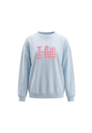 Lyseblå langærmet sweatshirt med pink ternet tekst "I" og en katteform, der danner "M" og et lille hjerte mellem dem på forsiden.