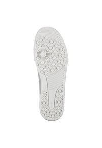 Weiße Schuhsohle mit strukturierten, kreisförmigen Griffen und einem glatten Bereich. Verfügt über eine Größenangabe und subtile horizontale Linien für das Design.