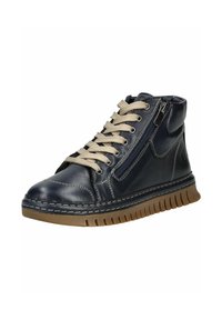 Sneaker alta navy in pelle con finitura textured. Presenta lacci beige, cerniera laterale e una suola in gomma spessa e rigata.