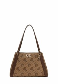 Sac à main marron à motif avec logo, équipé de ferrures dorées, de deux bandoulières et d'une texture lisse. Design incliné avec des accents latéraux.