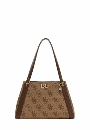 Sac à main marron à motif avec logo, équipé de ferrures dorées, de deux bandoulières et d'une texture lisse. Design incliné avec des accents latéraux.