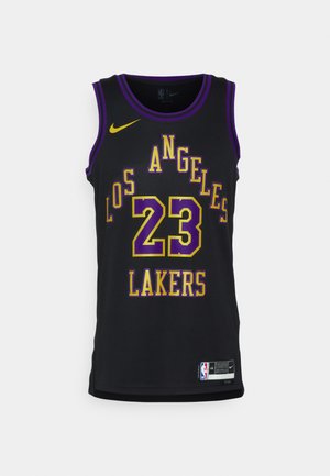 Schwarzes Basketballtrikot mit gelbem und lila Text, der "LOS ANGELES" und "LAKERS" sagt, sowie der Nummer "23" in fetter Schrift. Nike-Logo auf der Schulter.