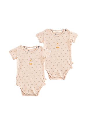 Pair of short-sleeve baby bodysuits in soft beige fabric, featuring a duck graphic and light brown oval patterns. Snap closure at bottom.