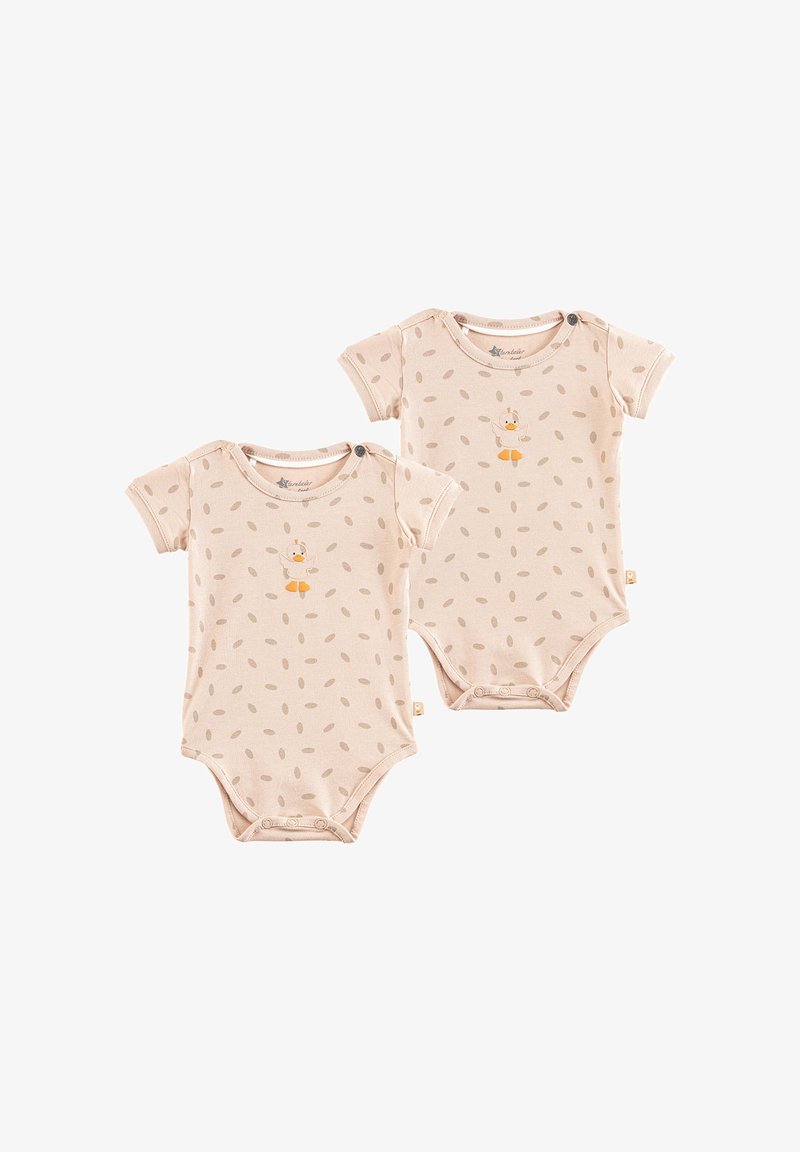Ein Paar kurzärmelige Babybodysuits aus weichem beigen Stoff, mit einem Entengrafik und hellbraunen ovalen Mustern. Druckknopfverschluss am Boden.