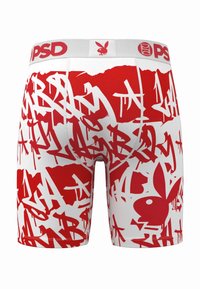 Bóxers rojos y blancos con un diseño de estilo grafiti, cintura elástica con marca y un pequeño acento de logotipo.