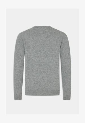 Maglione grigio, collo rotondo, realizzato in materiale morbido, con maniche lunghe e orlo a coste. Colore uniforme, senza modelli o dettagli visibili.
