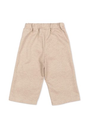 Pantalon beige à jambes larges avec taille élastique, fabriqué en tissu texturé, présenté à plat sur fond blanc.
