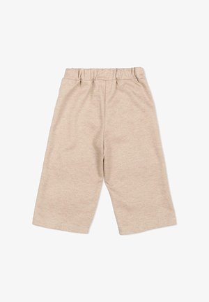 Pantalon beige à jambes larges avec taille élastique, fabriqué en tissu texturé, présenté à plat sur fond blanc.