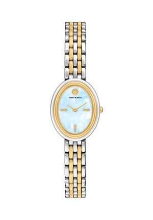 Zegarek na nadgarstek Tory Burch z jasnoniebieską, owalną tarczą, bransoletą z metalu w odcieniach złota i srebra, z delikatnymi znacznikami godzin i logo.