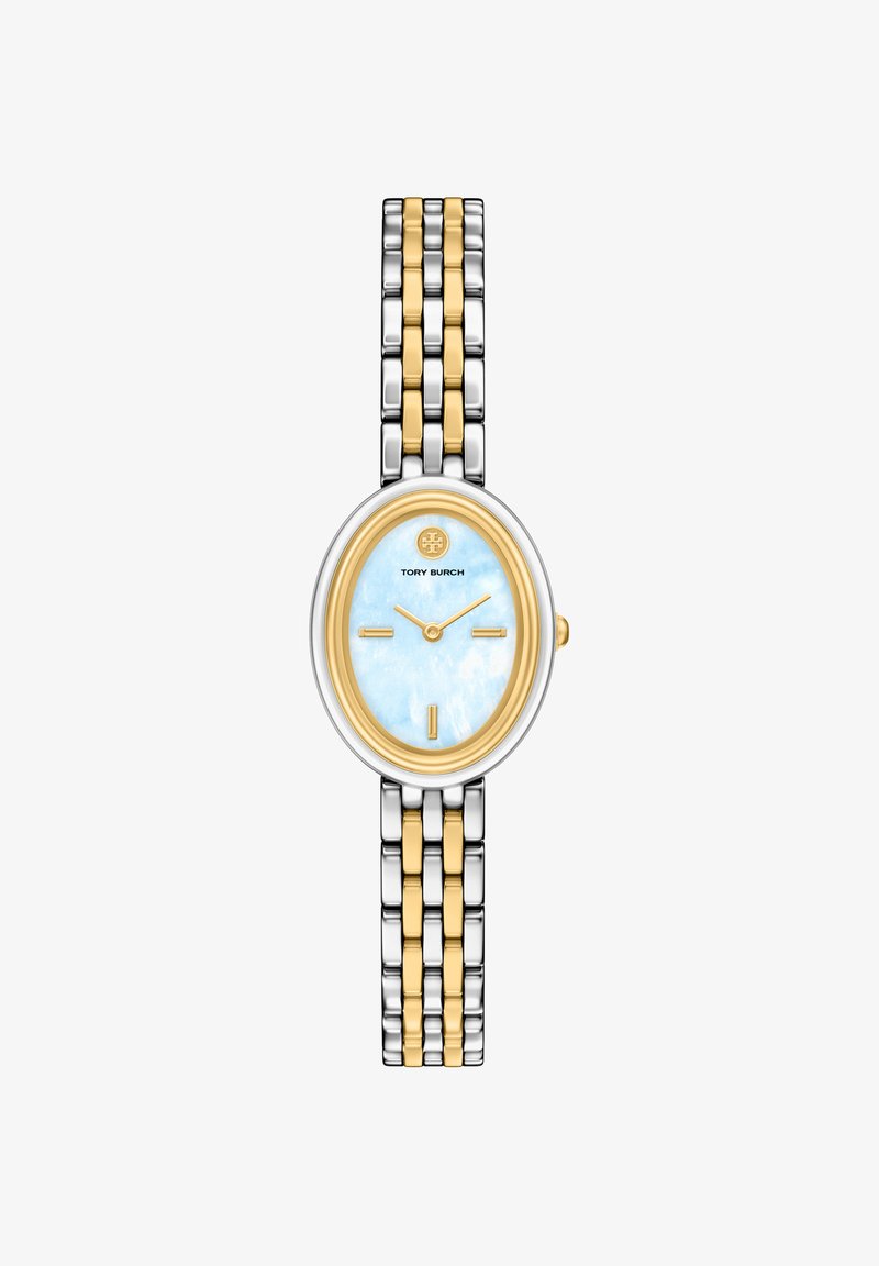 Reloj de pulsera Tory Burch con esfera ovalada azul clara, pulsera de metal en tonos dorado y plateado, con delicados marcadores de hora y logotipo.