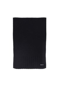 Sciarpa nera in maglia con rifinitura a coste nella parte inferiore. Presenta un piccolo tag con il logo di Calvin Klein. Texture morbida e forma rettangolare.